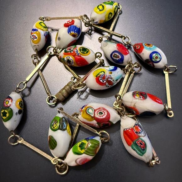 Vintage White Millefiori Murano Art Glass Gold Tone Necklace - Picture 10 of 10